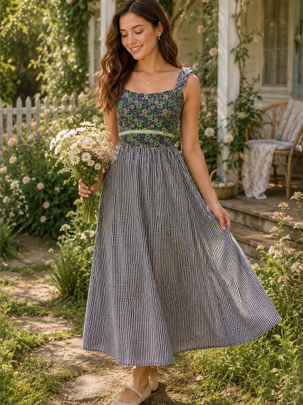 Handmade Prairie Cottagecore Maxi Dress Gingham Floral Smocked Vintage Inspired